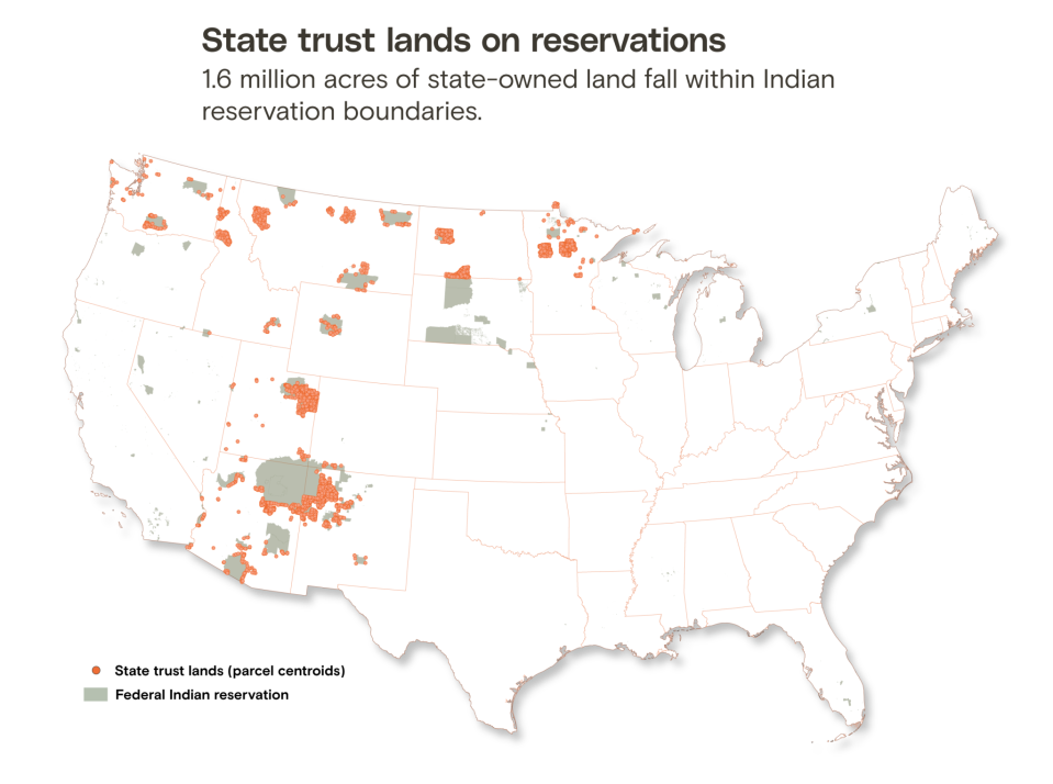 Data analyzed by Grist and High Country News reveals that a combined 1.6 million surface and subsurface acres of state trust lands lie within the borders of 83 federal Indian reservations in 10 states.