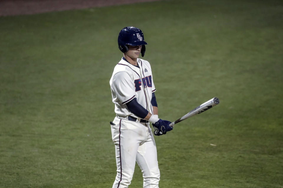 Florida Atlantic freshman catcher Caleb Pendleton prepares to bat in the second inning against UCF on Saturday, Feb. 20, 2021, in Boca Raton, Fla. Pendleton became the eighth Division I player to hit two grand slams in one inning and first to do it in the first two plate appearances of his career. (FAU Athletics via AP)