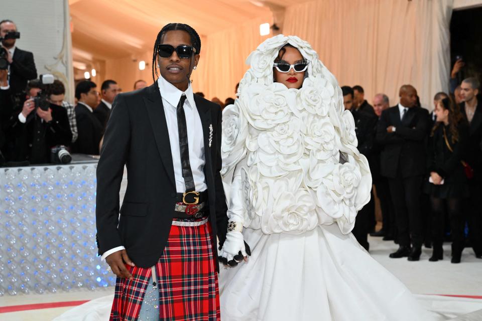 A$AP Rocky and Rihanna arrive for the 2023 Met Gala celebrating "Karl Lagerfeld: A Line of Beauty."