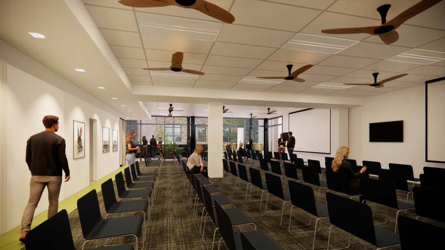 Design firm Mackenzie's rendering of community room in expanded DoveLewis Veterinary Emergency & Specialty Hospital