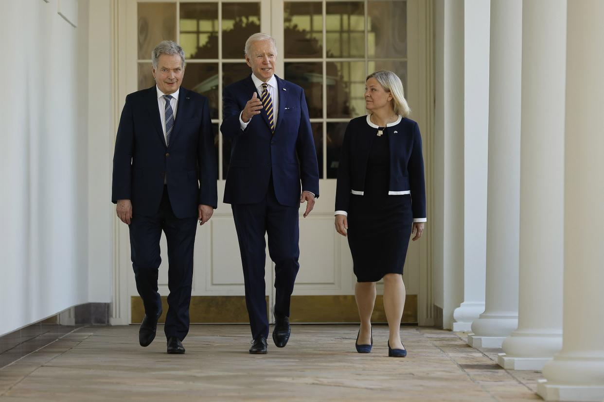 U.S. President Joe Biden (C) welcomes Sweden's Prime Minister Magdalena Andersson (R) and Finland's President Sauli Niinisto to the White House on May 19, 2022, in Washington, DC. The leaders are meeting with President Biden and other U.S. officials to discuss the two countries' request to join the NATO alliance in the wake of Russia's invasion of Ukraine.