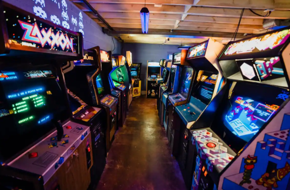 The 80’s arcade + 80’s themed bedroom is located in Winston-Salem, North Carolina.