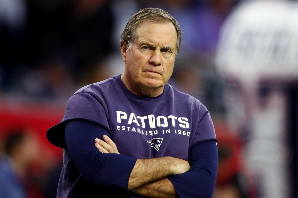HOUSTON, TX - FEBRUARY 05:  Head coach Bill Belichick of the New England Patriots looks on during warm-ups prior to Super Bowl 51 against the Atlanta Falcons at NRG Stadium on February 5, 2017 in Houston, Texas.  (Photo by Al Bello/Getty Images)
