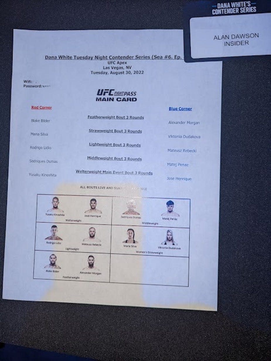 Full bout sheet for Contender Series.