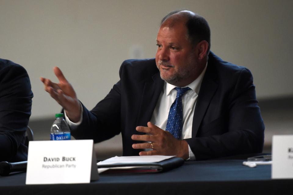 North Augusta city council candidate David Buck gives his opening remarks during the North Augusta City Council candidate forum at the North Augusta Community Center on Thursday, April 13, 2023. 