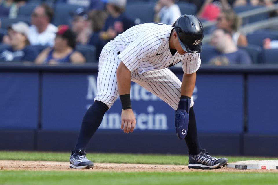 New York Yankees' Anthony Volpe reacts after a play at home plate was overturned during the eighth inning of a baseball game, Sunday, Aug. 20, 2023, in New York. (AP Photo/Frank Franklin II)