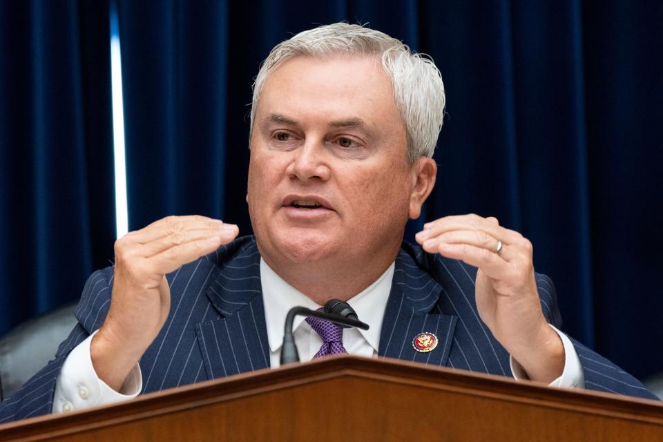 Oversight Committee Chairman James Comer, R-Ky., speaks during the House Oversight Committee impeachment inquiry hearing into President Joe Biden, Thursday, Sept. 28, 2023, on Capitol Hill in Washington.