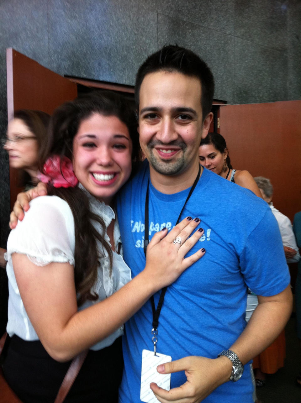 A teary-eyed Jessica hugging Lin as they pose for a photo