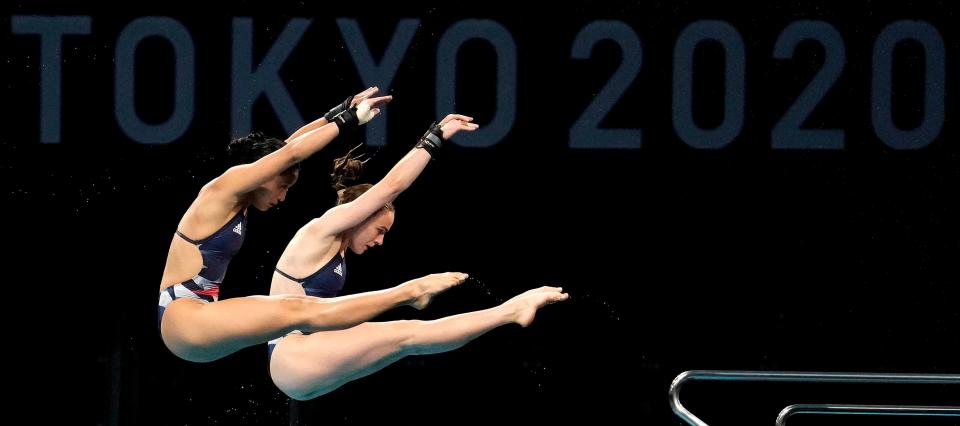 Edeen Cheng and Lois Toulson (GBR) compete in the women's 10m platform synchronized diving competition on Tuesday, July 27, 2021, during the Tokyo 2020 Olympic Summer Games at Tokyo Aquatics Centre in Tokyo, Japan. 