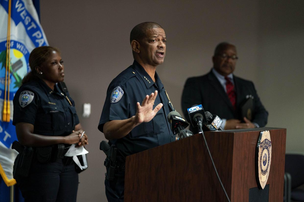 City Police Chief Frank Adderley explains the police response to protesters during a press conference with Assistant Chief Tameca West, left, and Mayor Keith James on June 1, 2020 in West Palm Beach, Florida.