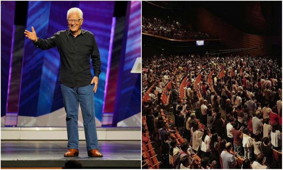 Australian Christian preacher Colin Stringer delivering a sermon on 10 March, 2019, at the Star Performing Arts Centre as part of New Creation Church’s services. (PHOTOS: nccsg/Facebook)