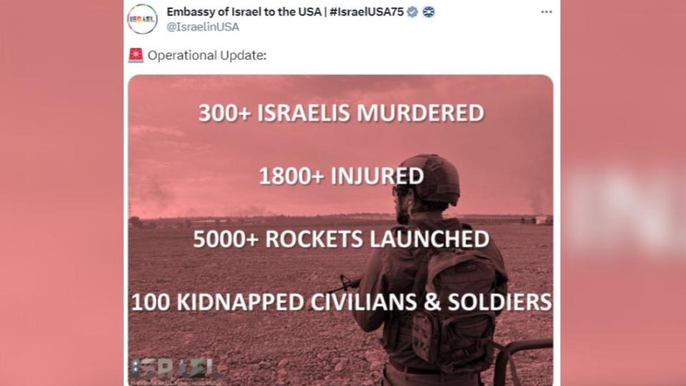 以色列駐美大使館稱100名以國人被俘。（圖／翻攝自 推特）