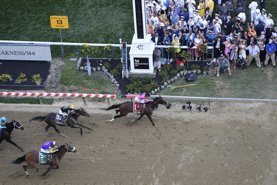 Jockey Tyler Gaffalione wins aboard War of Will during the Preakness Stakes horse race at Pimlico Race Course, Saturday, May 18, 2019, in Baltimore. Joel Rosario rides Everfast (10) for second and Florent Geroux rides Owendale for third. (AP Photo/Nick Wass)