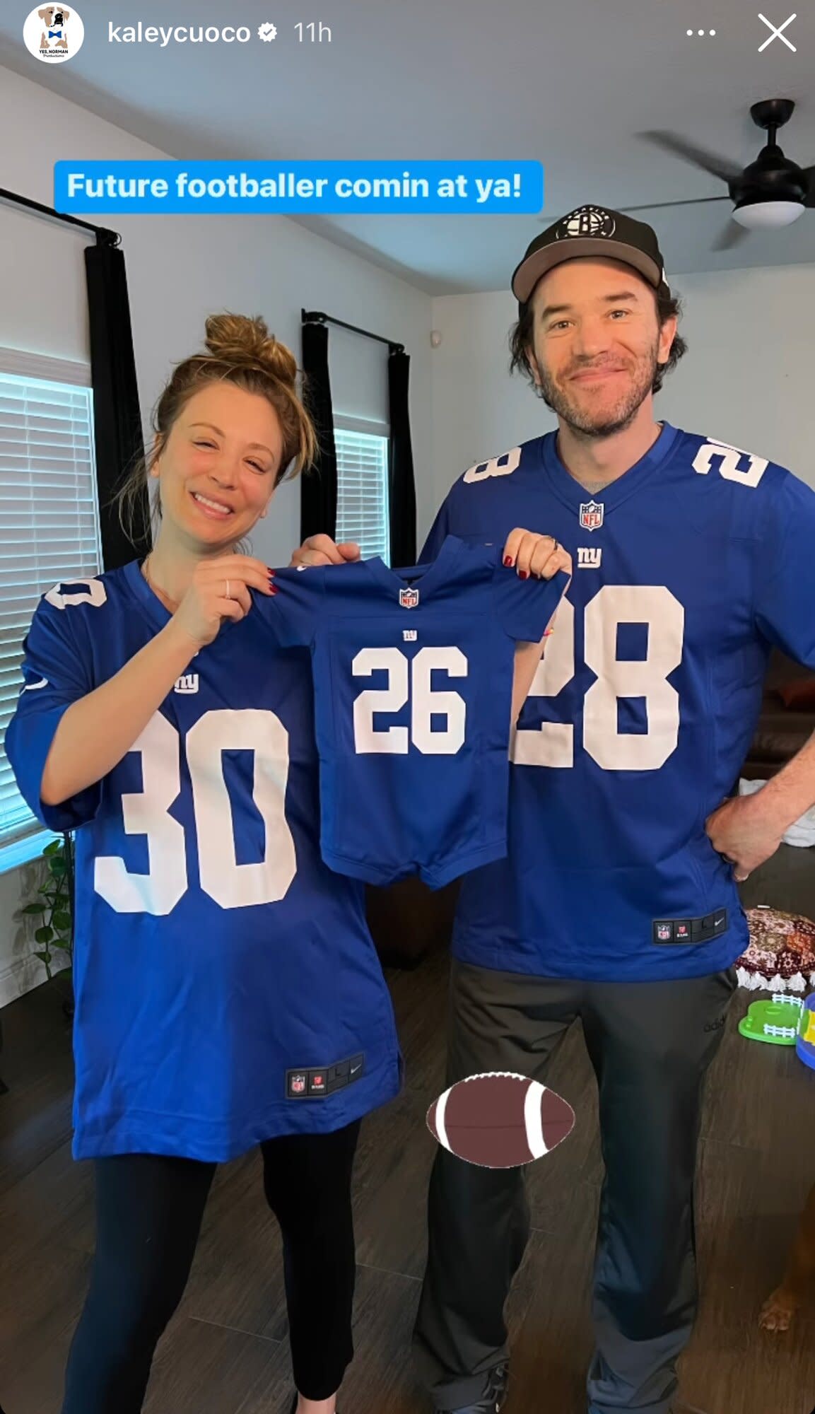 Pregnant Kaley Cuoco Poses with Tom Pelphrey and Gets a Gift for Her 'Future Footballer' from His Family