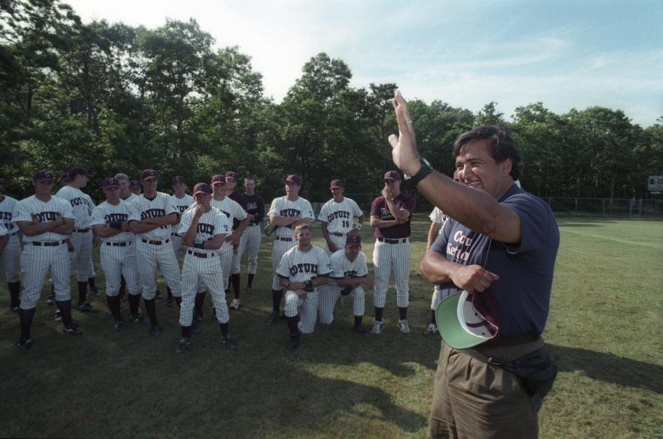 Former New Mexico Gov. William "Bill" Richardson throws out the first pitch for the Cotuit Kettleers at the July 5, 1997 game. Richardson was a member of the Kettleers in 1967.