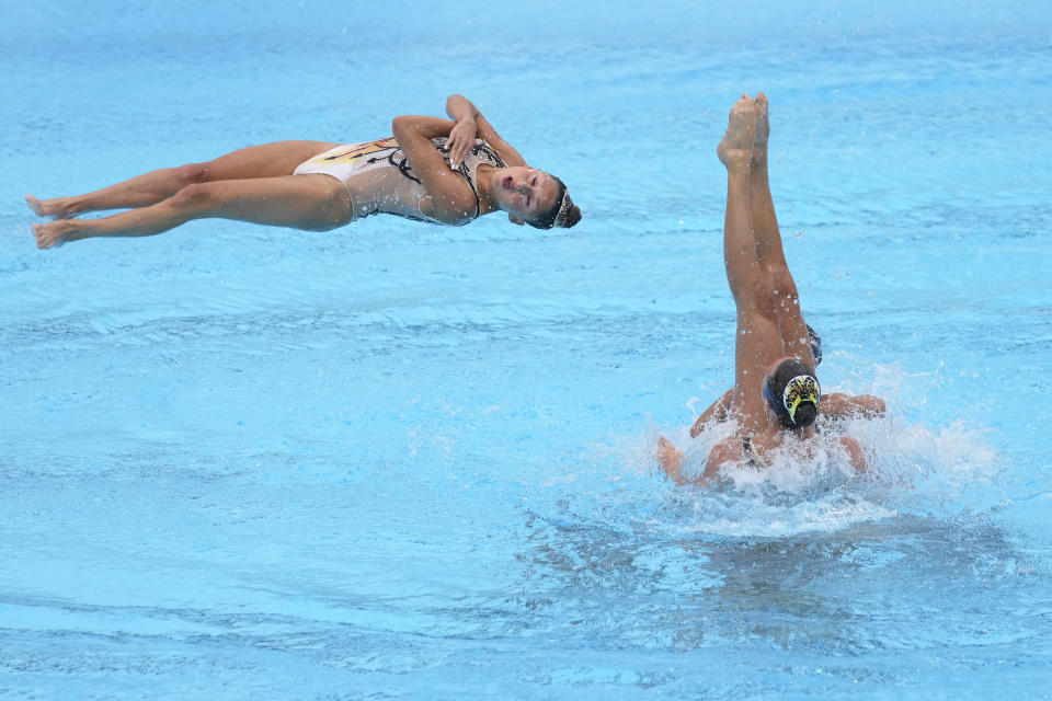 Team Italy competes during the acrobatic routine final event at the European Aquatics Championships in Belgrade, Serbia, Thursday, June 13, 2024. (AP Photo/Darko Bandic)