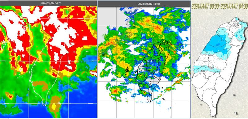圖：今(7日)晨4：20紅外線色調強化雲圖顯示，台灣上空有較多的雲層(左圖)；4：30雷達回波合成圖顯示，雲層伴隨降水回波(中圖)；4：30累積雨量圖顯示，嘉義以北有局部降雨(右圖)。