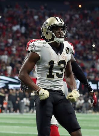 Sep 23, 2018; Atlanta, GA, USA; New Orleans Saints wide receiver Michael Thomas (13) reacts after making a first down in the over time against the Atlanta Falcons at Mercedes-Benz Stadium. Mandatory Credit: Jason Getz-USA TODAY Sports