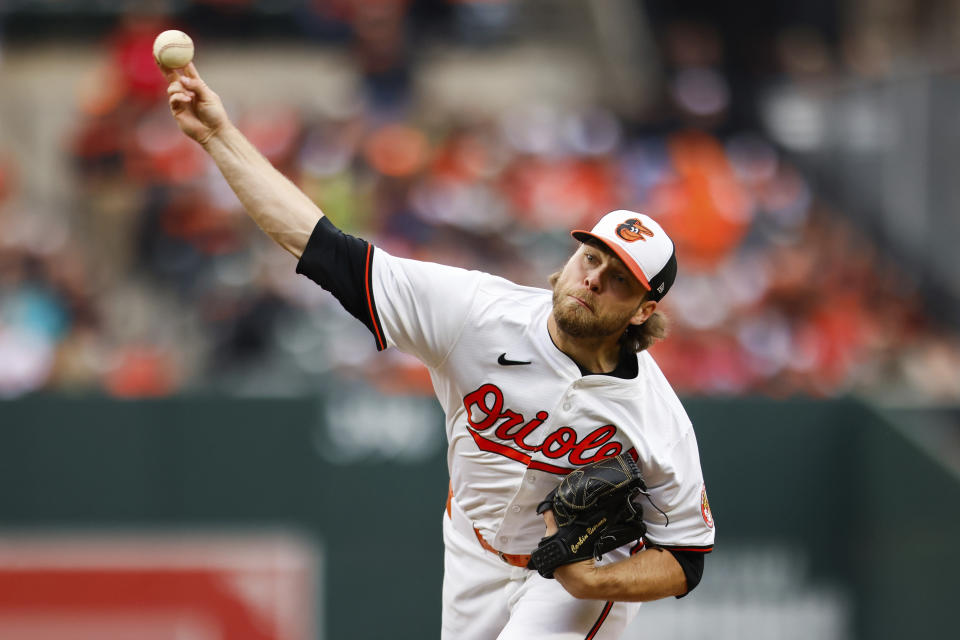 Orioles starting pitcher Corbin Burnes (39) throws during the second inning of a baseball game against the Los Angeles Angels, Thursday, March 28, 2024, in Baltimore. (AP Photo/Julia Nikhinson)