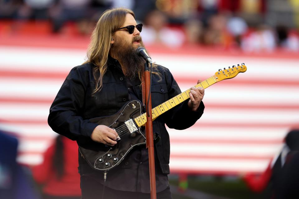 Chris Stapleton performs the national anthem before Super Bowl LVII between the Kansas City Chiefs and the Philadelphia Eagles at State Farm Stadium on Feb. 12, 2023, in Glendale, Ariz