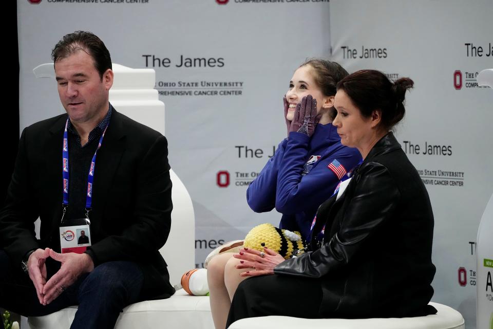 Jan 25, 2024; Columbus, Ohio, USA; Isabeau Levito reacts after her score was posted in the championship women short program during the 2024 US Figure Skating Championships at Nationwide Arena. Mandatory Credit: Adam Cairns-USA TODAY Sports