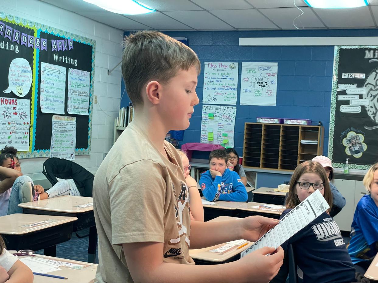 Morton Elementary School third grader Easton Smith, 9, reading a letter he wrote to the mayor with city improvement ideas on March 20, 2024.