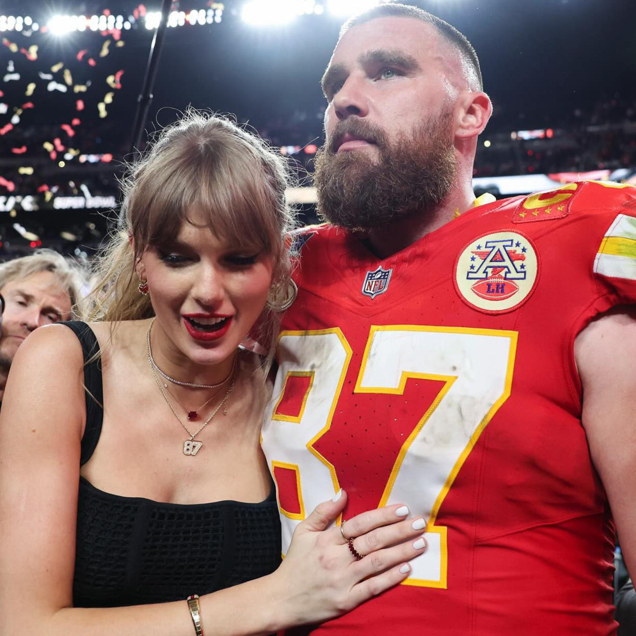  Taylor Swift and Travis Kelce celebrating Super Bowl win . 