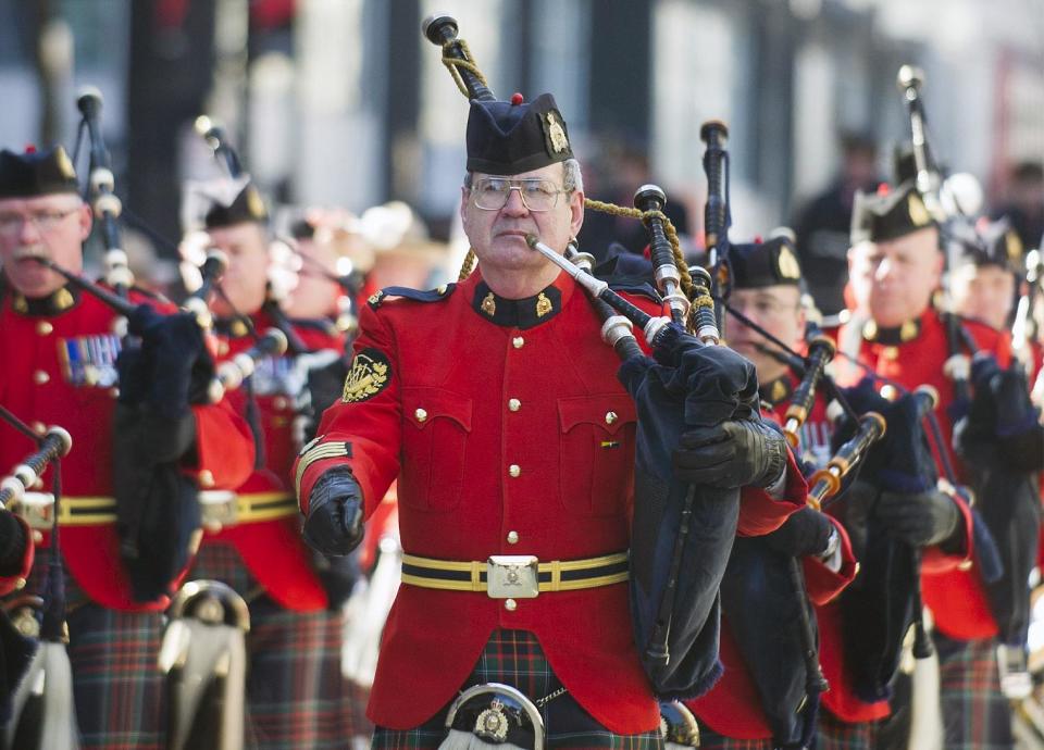 A band performs during during the annual St. Patrick's Day parade in Montreal, Sunday, March 16, 2014. (AP Photo/The Canadian Press, Graham Hughes)