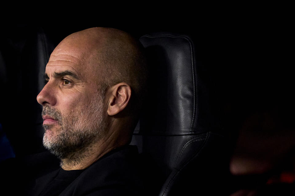 MADRID, SPAIN - MAY 09:  Pep Guardiola head coach of Manchester City FC looks on prior the game during the UEFA Champions League semi-final first leg match between Real Madrid and Manchester City FC at Estadio Santiago Bernabeu on May 09, 2023 in Madrid, Spain. (Photo by Diego Souto/Quality Sport Images/Getty Images)