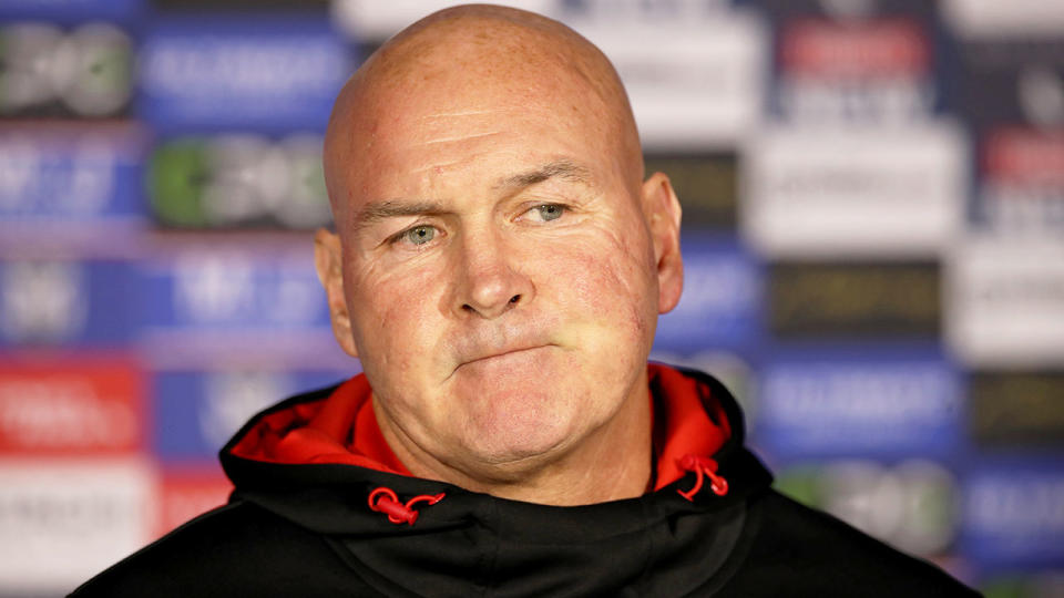 Pictured here, Dragons coach Paul McGregor during a post-match press conference.