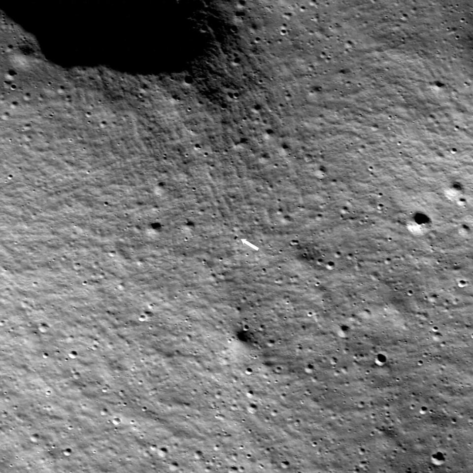 NASA’s Lunar Reconnaissance Orbiter captured this image of the Intuitive Machines’ Nova-C lander, called Odysseus, on the Moon’s surface on Feb. 24, 2024, at 1:57 p.m. EST). Odysseus landed at 80.13 degrees south latitude, 1.44 degrees east longitude, at an elevation of 8,461 feet (2,579 meters). The image is 3,192 feet (973 meters) wide, and lunar north is up. (LROC NAC frame M1463440322L) <em>Credit: NASA/Goddard/Arizona State University</em>