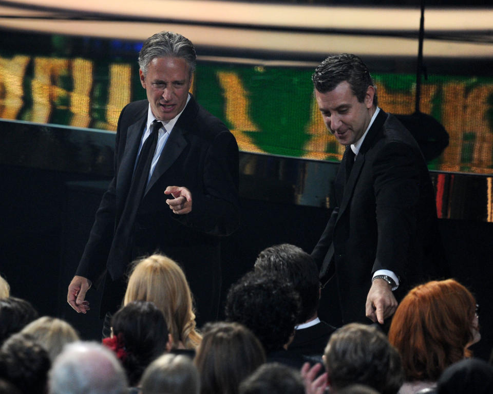 LOS ANGELES, CA - SEPTEMBER 18:  Jon Stewart accepts the Outstanding Variety, Music Or Comedy Series award onstage during the 63rd Annual Primetime Emmy Awards held at Nokia Theatre L.A. LIVE on September 18, 2011 in Los Angeles, California.  (Photo by Kevin Winter/Getty Images)