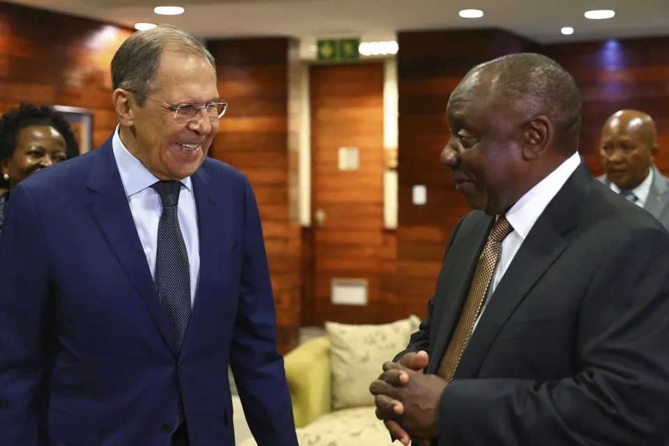 A photo released by the Russian Foreign Ministry Press Service shows South African President Cyril Ramaphosa, right, and Russian Foreign Minister Sergey Lavrov, during their meeting in Pretoria, South Africa, January 23, 2023. / Credit: Russian Foreign Ministry Press Service via AP