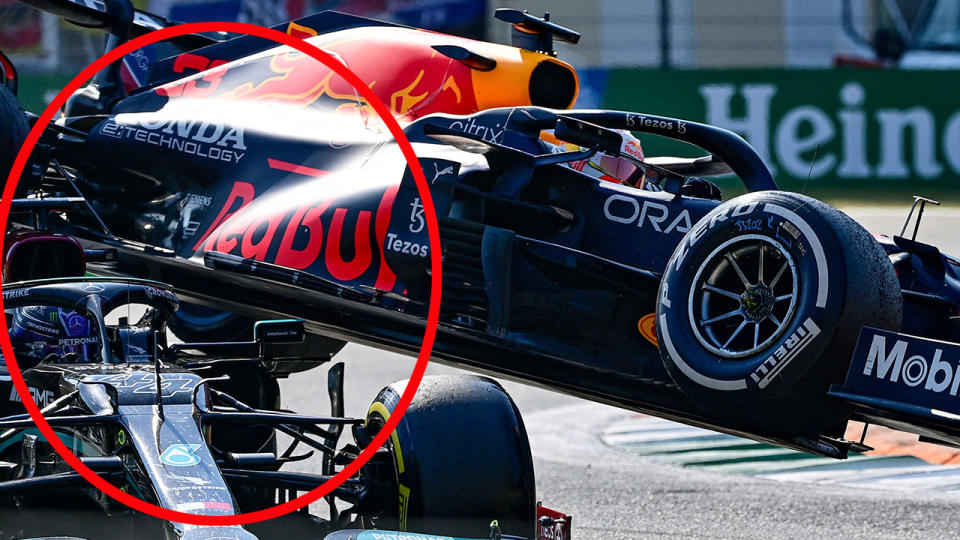 Pictured here, Max Verstappen's car crashes on top of Lewis Hamilton's Mercedes at the Italian GP.