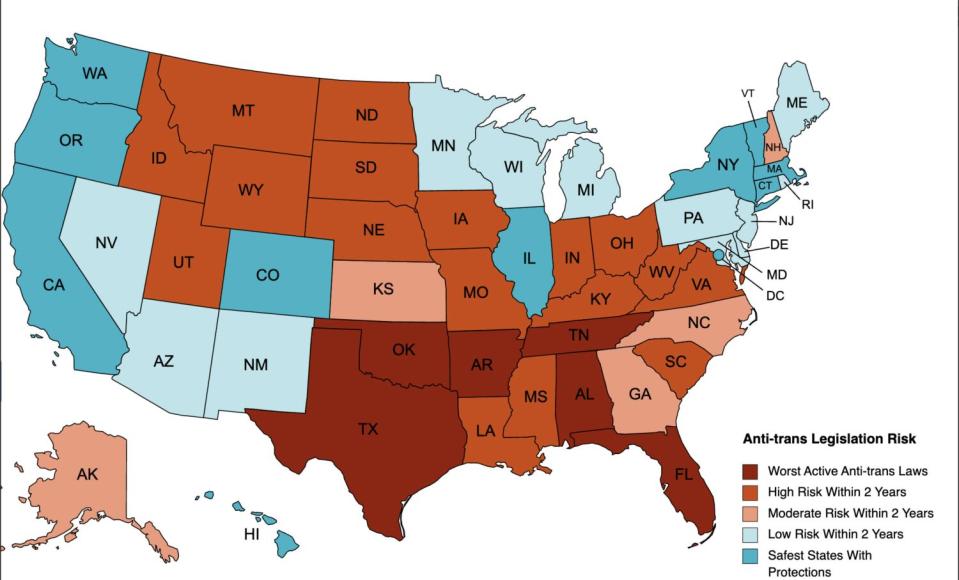 U.S. map uses color coding to rate states by anti-transgender protection laws