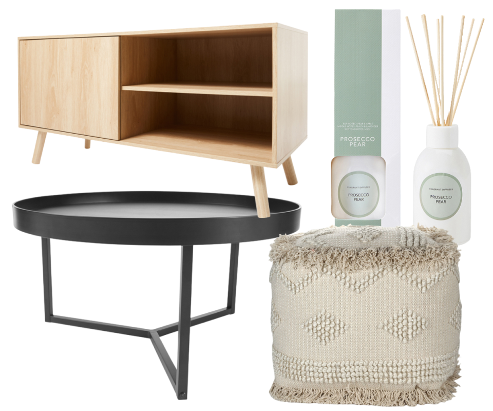 A selection of stylish Anko homewares on a white background, entertainment unit, coffee table, diffuser and Ottoman