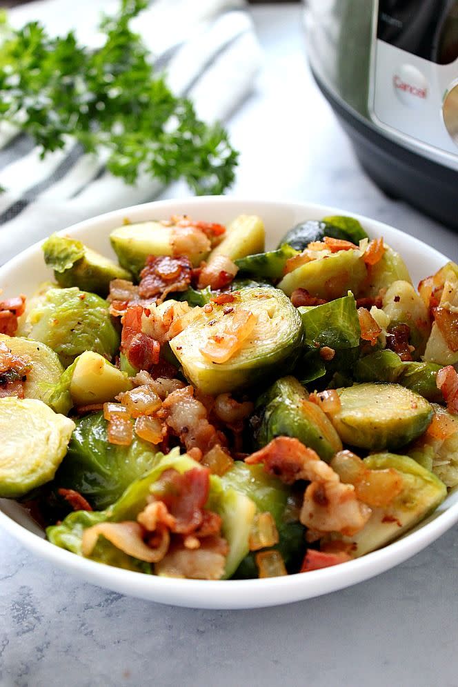 <p>Bring on the bacon...and Brussels.</p><p>Get the recipe from <a href="https://www.crunchycreamysweet.com/2018/11/10/instant-pot-bacon-brussels-sprouts/" rel="nofollow noopener" target="_blank" data-ylk="slk:Crunchy Creamy Sweet;elm:context_link;itc:0;sec:content-canvas" class="link ">Crunchy Creamy Sweet</a>.</p>