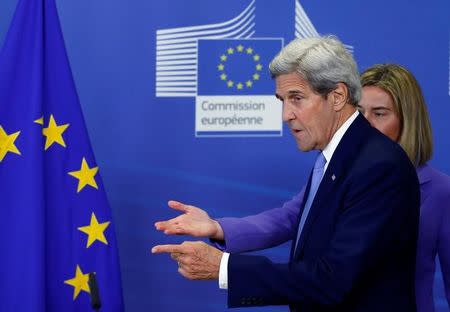 U.S. Secretary of State John Kerry and European Union foreign policy chief Federica Mogherini arrive to address a joint news conference after their meeting the EU Commission headquarters in Brussels, Belgium, June 27, 2016. REUTERS/Francois Lenoir