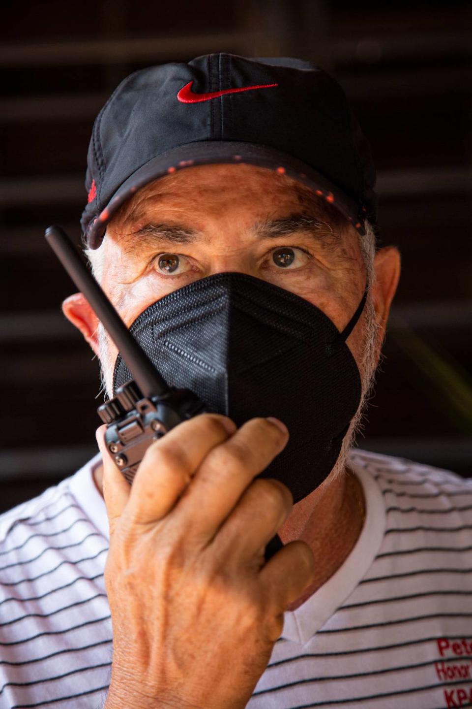 Pedro Labayen, founder of the Radio Amateur Association of Utuado, uses a hand radio at his home on June 4, 2021, in Utuado, Puerto Rico.