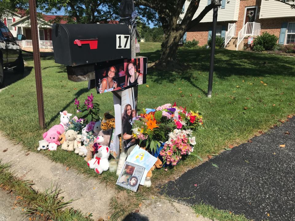 A memorial has grown at the mailbox in front of the home where Christine Fousek, 34, and her daughter, Rylee Reynolds, 5, lived in Hopewell Township. The two were killed and two others were injured in a knife attack Monday. Fousek's boyfriend has been charged in connection with the attack.