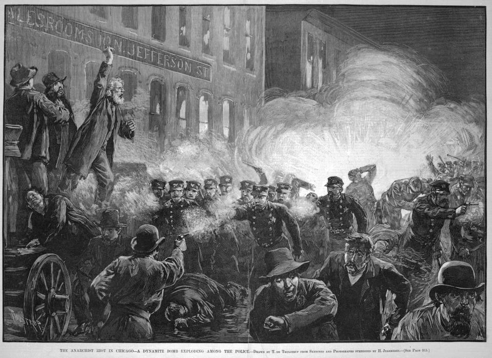 In an image published in Harper's Weekly, Samuel Fielden, a radical socialist from England, stands atop the speaker's wagon as a dynamite bomb explodes, triggering the tragic events at Haymarket Square, Chicago, in 1886.&nbsp; (Photo: Chicago History Museum via Getty Images)