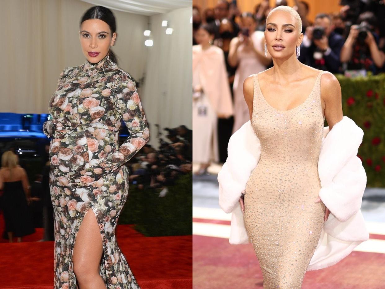A side-by-side of Kim Kardashian at the 2013, where she was pregnant and wearing a floral gown, and 2022 Met Gala, where she wore a nude gown embellished with crystals that once belonged to Marilyn Monroe.