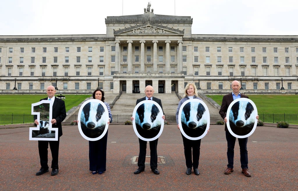 (l to r) Northern Ireland Badger Group representative Peter Clarke, USPCA development manager, Colleen Tinnelly, Alliance MLA John Blair, Ulster Wildlife chief executive officer Jennifer Fulton, and USPCA chief executive Brendan Mullan (Justin Kernoghan/PA) (PA Media)