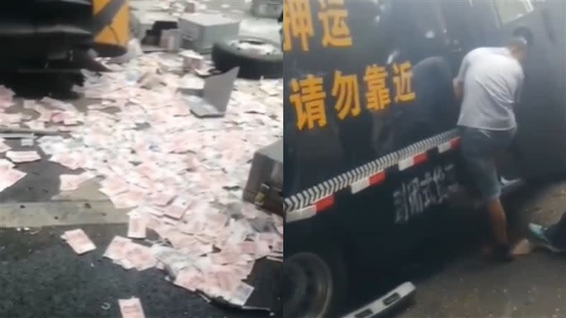 中國江蘇昨發生一起運鈔車撞砂石車的嚴重車禍，現場造成2死4傷。（圖／翻攝自微博）