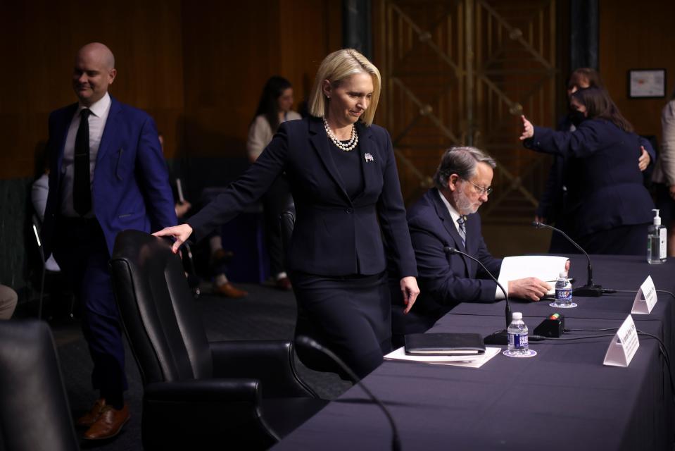 Bridget Brink, President Joe Biden’s nominee to be the next ambassador to Ukraine, arrives for testimony before the Senate Foreign Relations Committee May 10, 2022 in Washington, D.C.