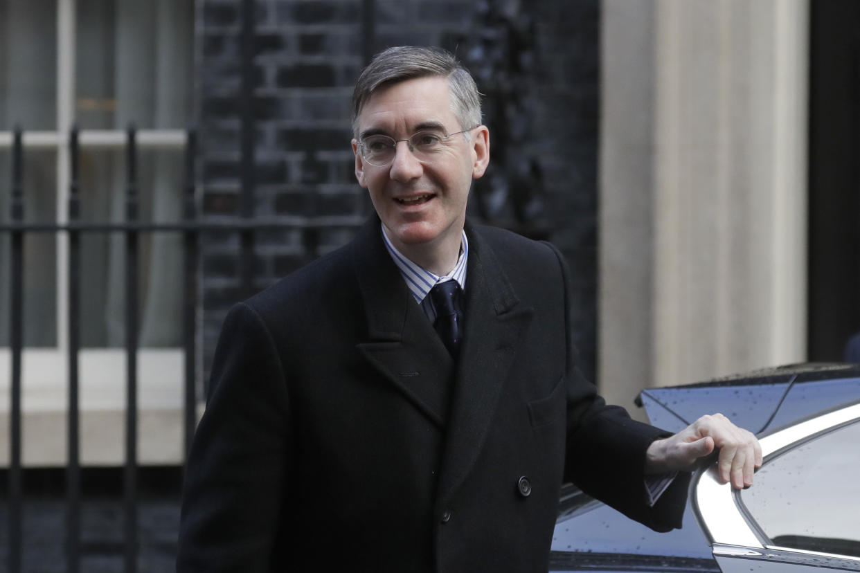 British lawmaker Jacob Rees-Mogg, Lord President of the Council, Leader of the House of Commons arrives in Downing Street for a Cabinet meeting ahead of the budget being announced in Parliament in London, Wednesday, March 11, 2020. Britain's Chancellor of the Exchequer Rishi Sunak will announce the first budget since Britain left the European Union. (AP Photo/Kirsty Wigglesworth)