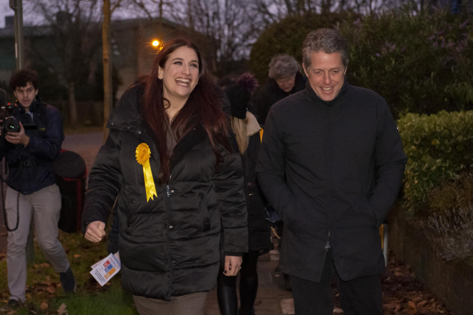Liberal Democrat's candidate for Finchley and Golders Green, Luciana Berger and Hugh Grant canvassing in Finchley while on the General Election campaign trail.