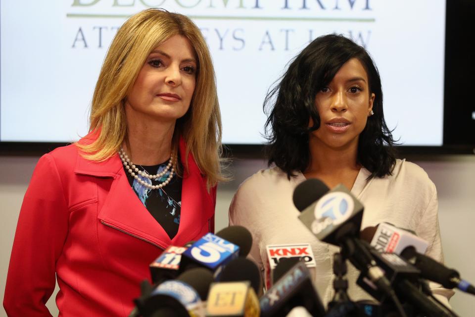 Lisa Bloom, left, lawyer for Montia Sabbag, alleges an attack on her client's character after accusations that Sabbag attempted to extort comedian Kevin Hart.