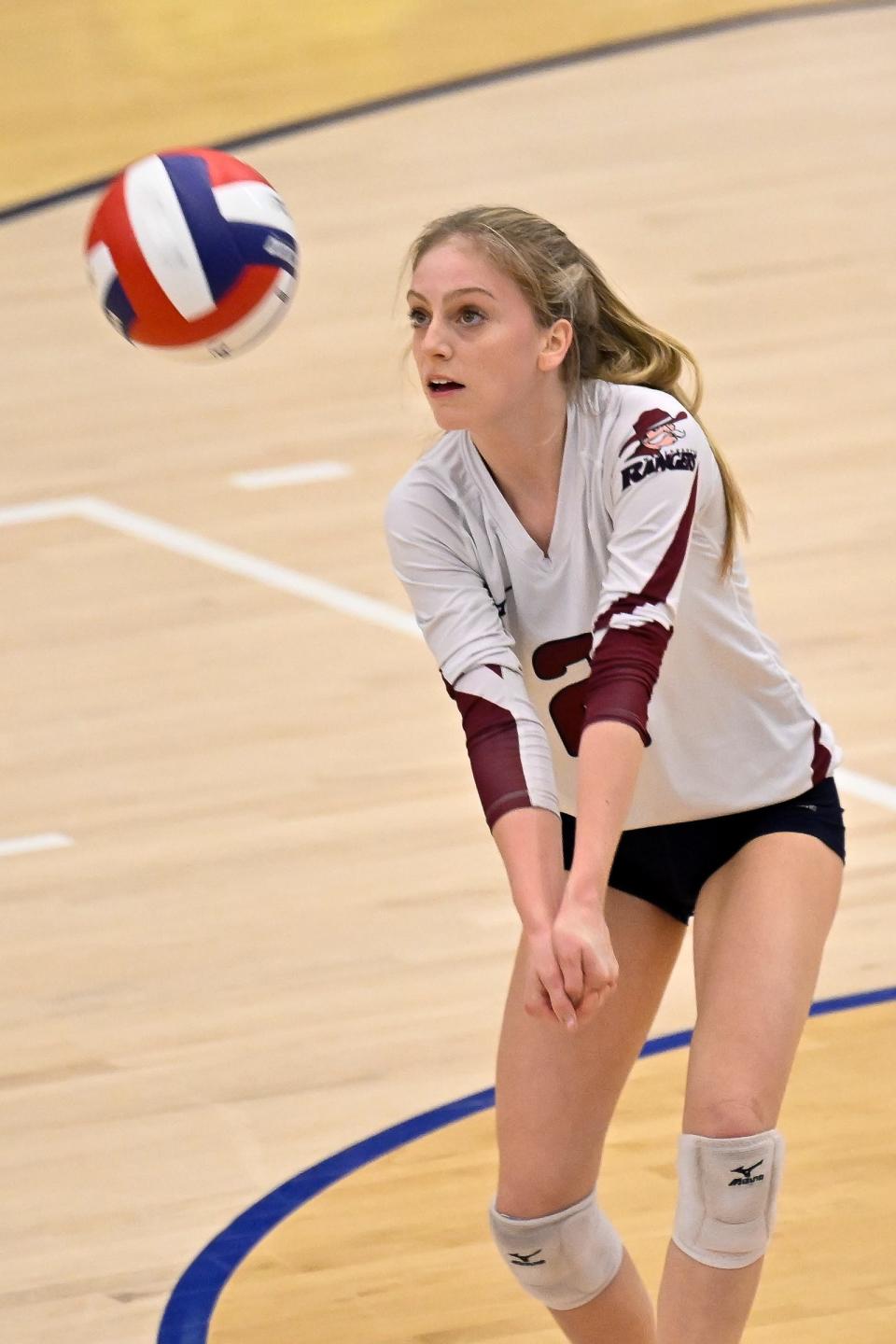 Addyson Moore of Westborough sets up the ball during the Division 2 volleyball state final versus King Philip at Worcester State University on Saturday, Nov. 19, 2022. Westborough defeated King Philip, 3-0, to become the Division 2 girls volleyball state champions.