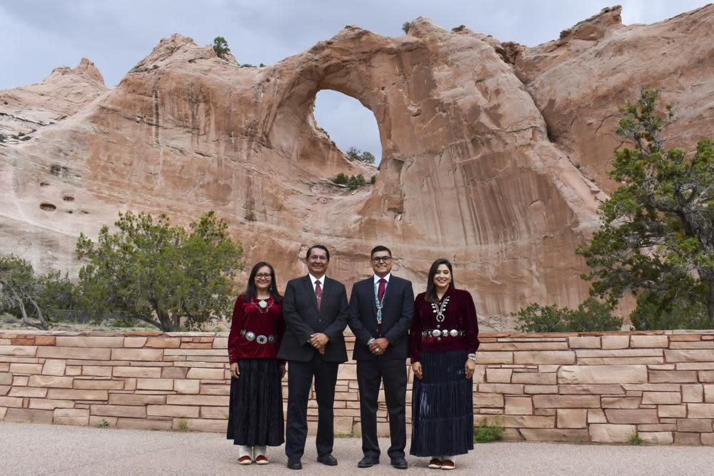 From left, Navajo Nation first lady Phefelia Nez, Navajo Nation President Jonathan Nez, vice presidential candidate Chad Abeyta and his wife, Paulene Abeyta in Window Rock, Ariz., Monday, Aug. 8, 2022. Jonathan Nez announced the selection of Chad Abeyta as his running mate on Monday.